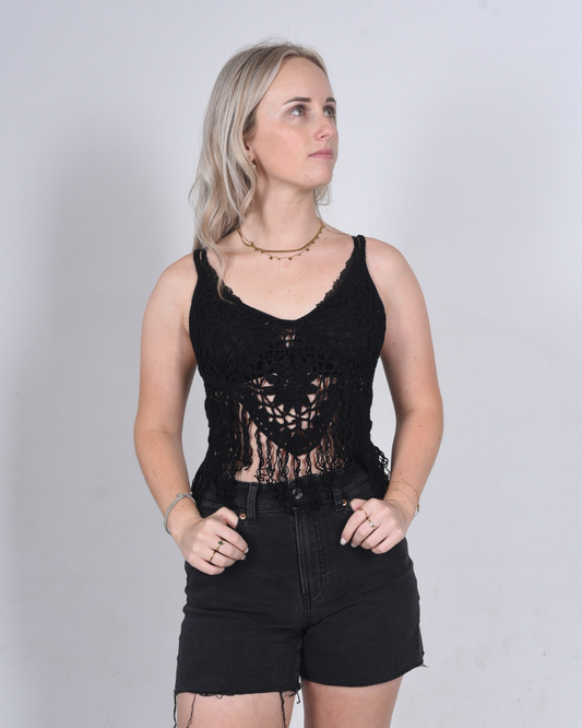 Female wearing a Crochet bamboo cotton top black