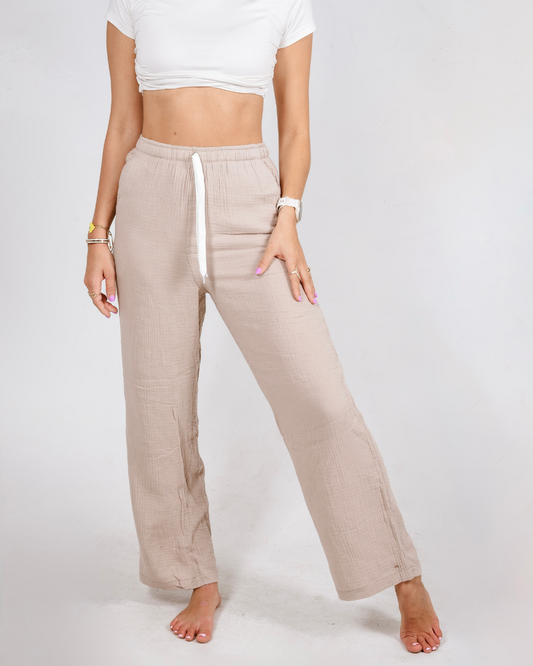 female wearing cotton high waisted pants