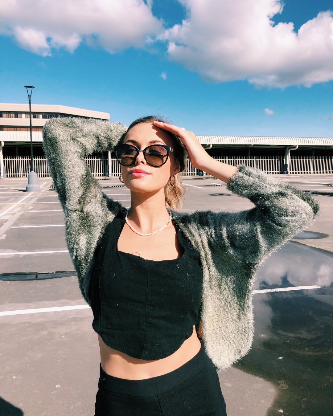 Green and khaki cropped fluffy cardigan - front perspective