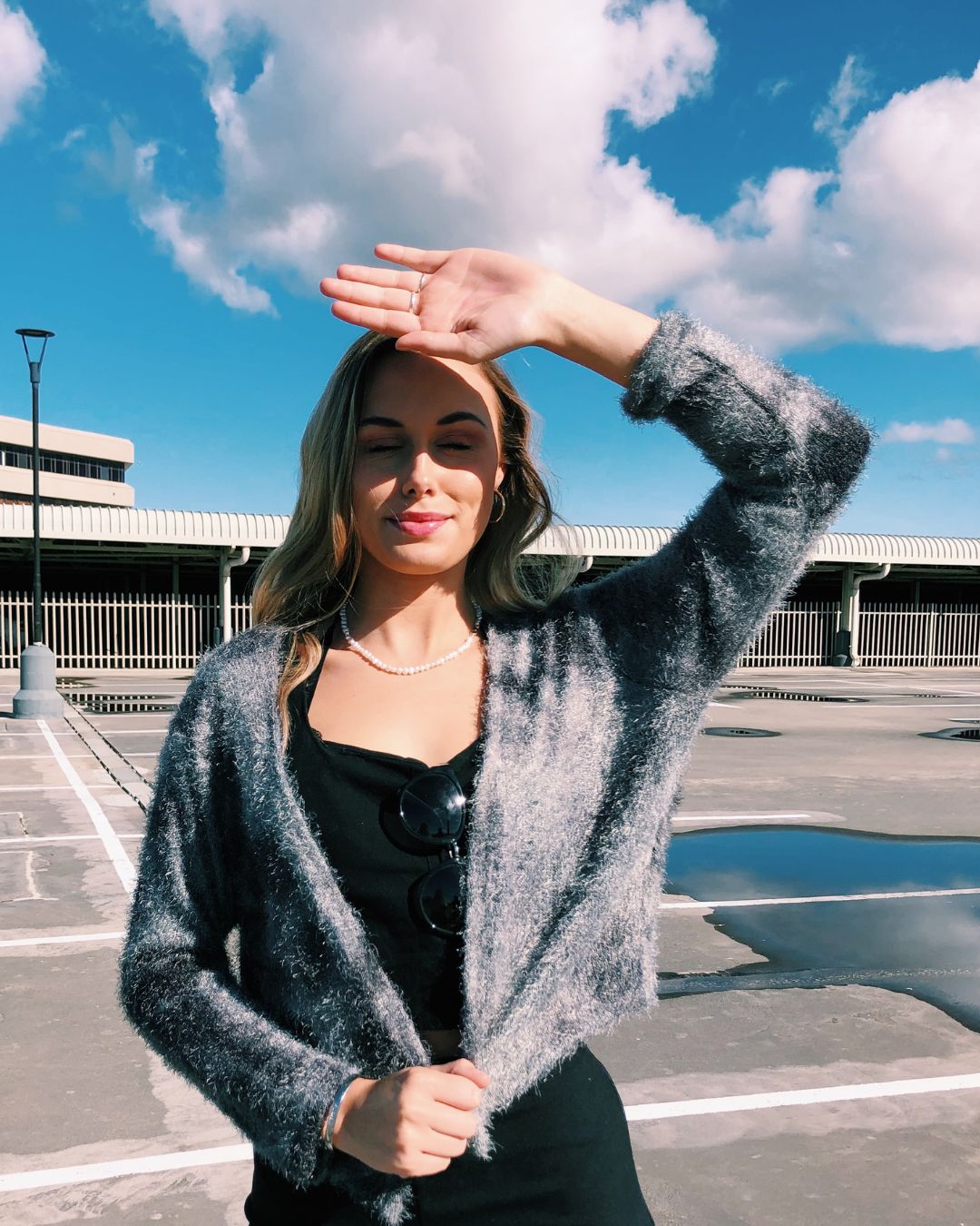 Grey fluffy cropped cardigan - front perspective