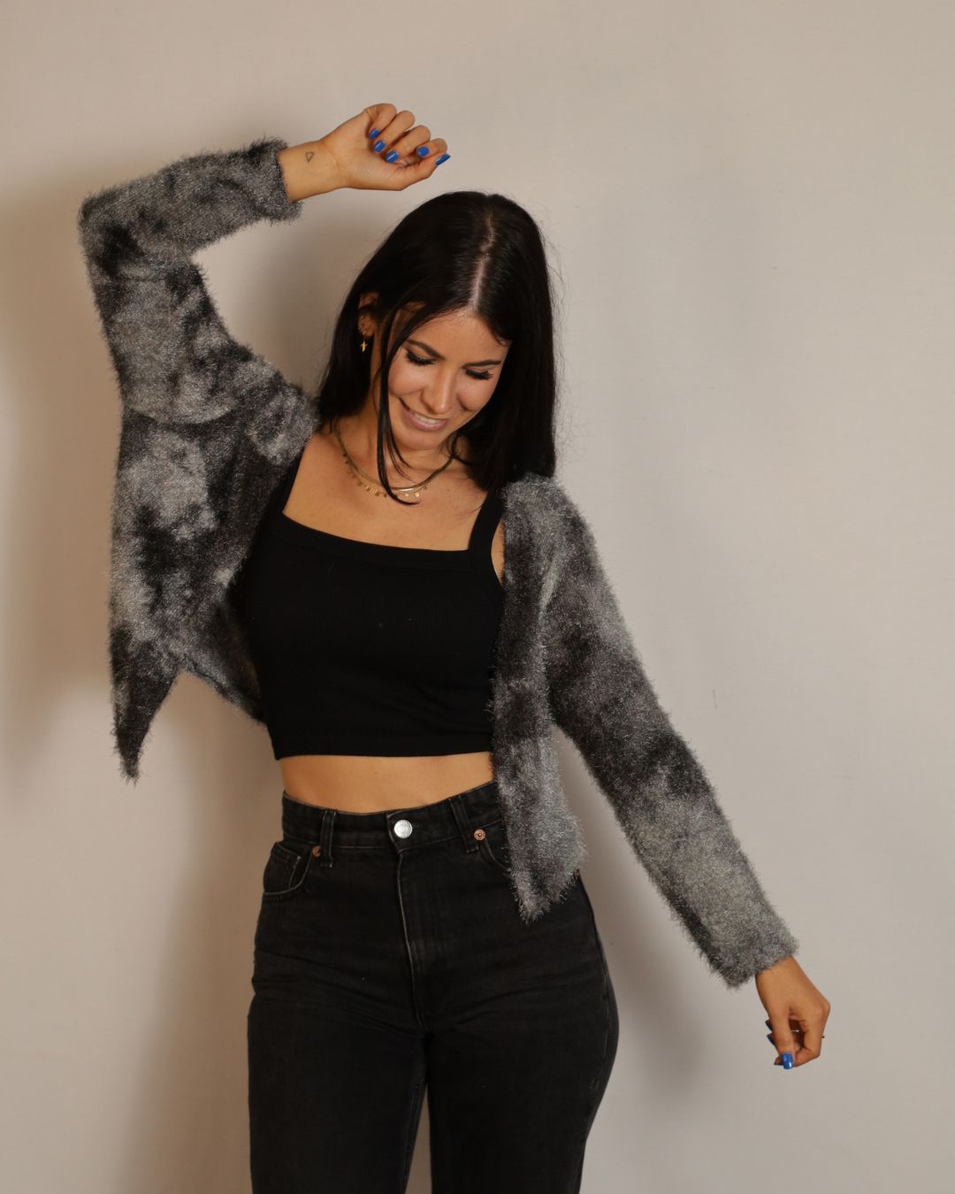 Grey cropped fluffy cardigan - front perspective