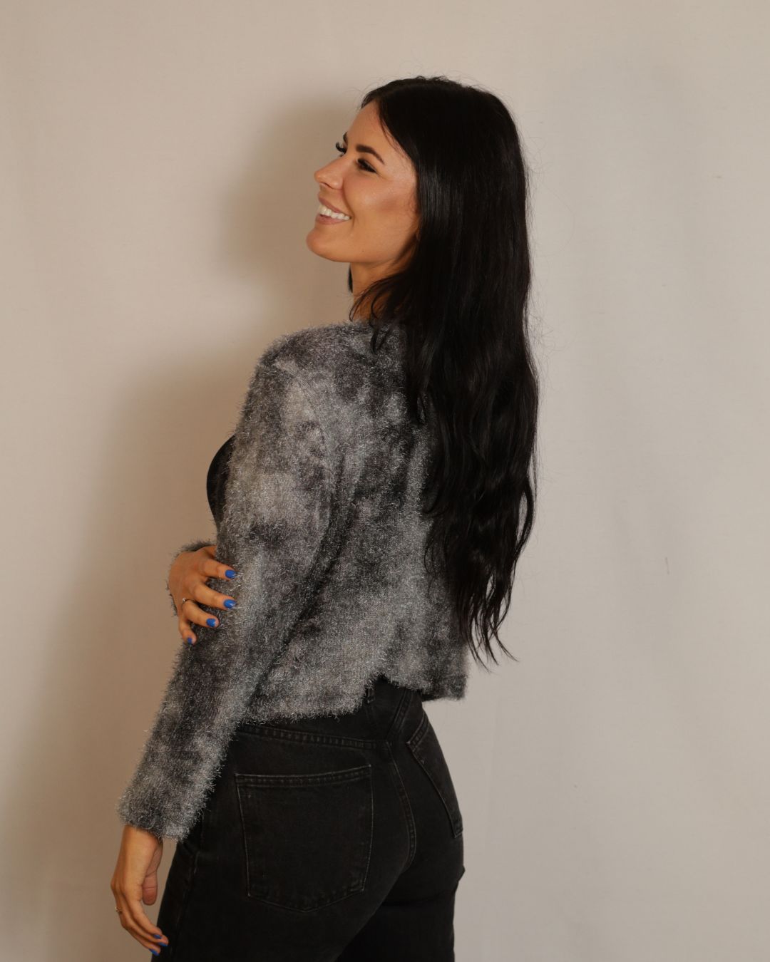 Grey and black cropped fluffy cardigan - back perspective