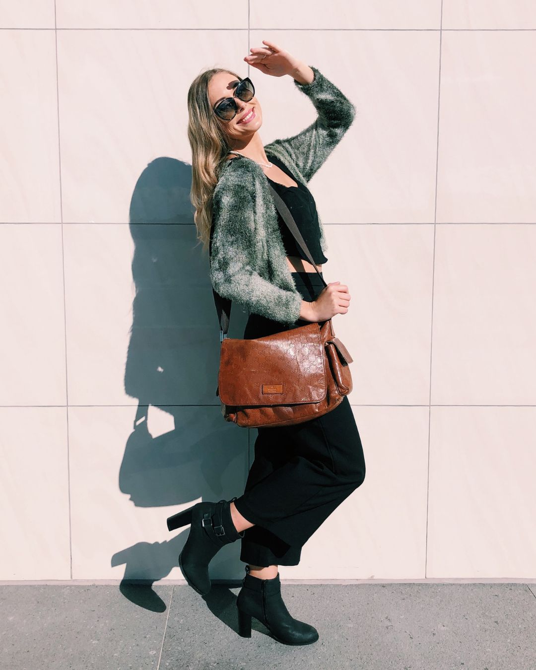 Green and khaki fluffy cropped cardigan