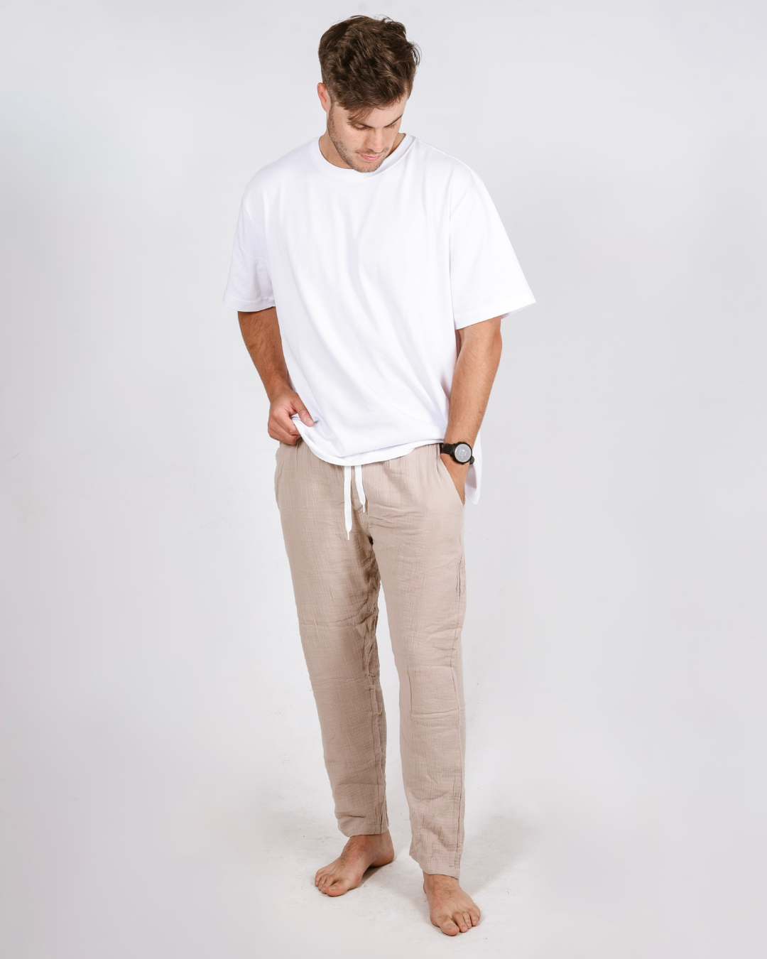 Male cream cotton pants with a white shirt
