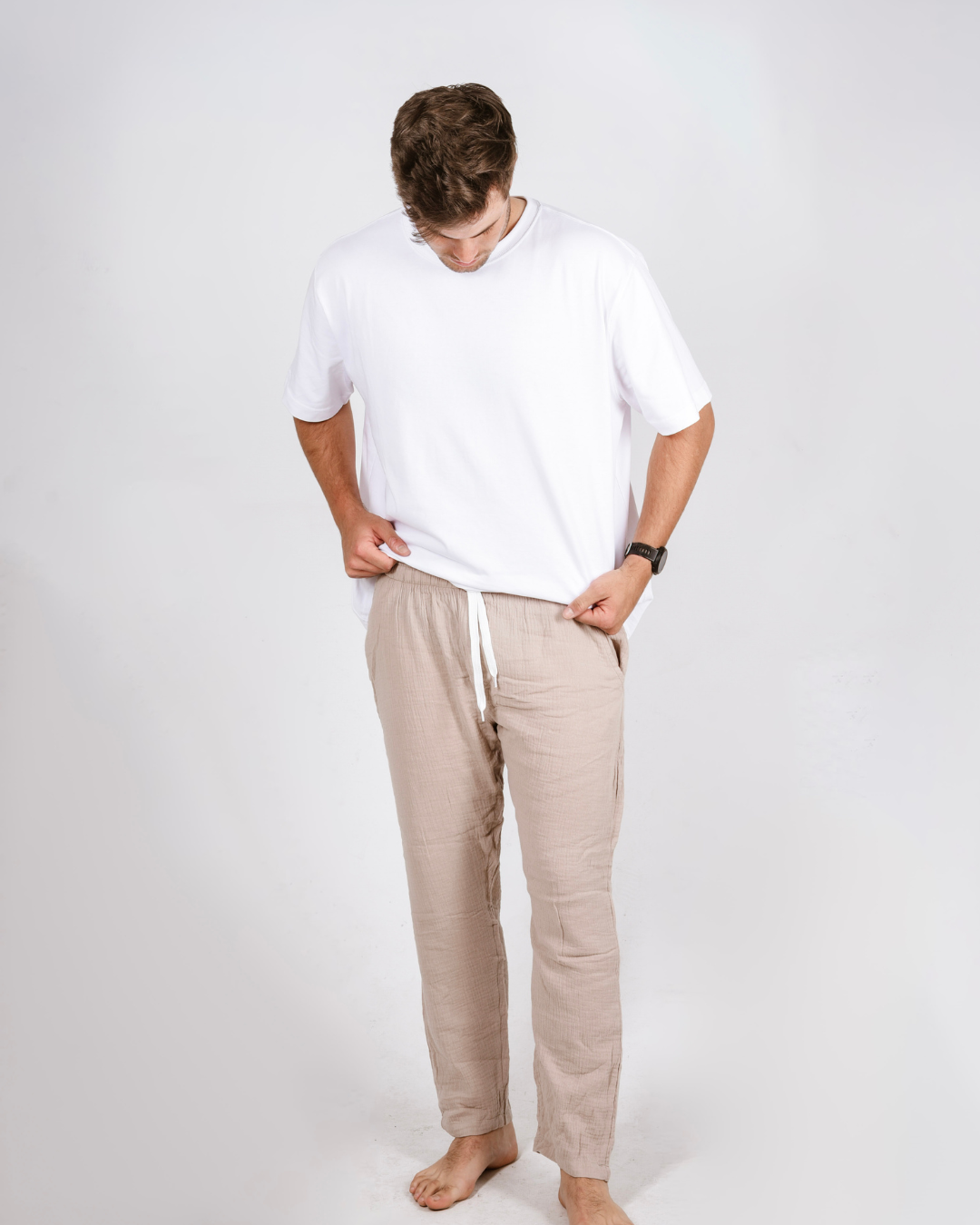 Male cream cotton pants with a white shirt