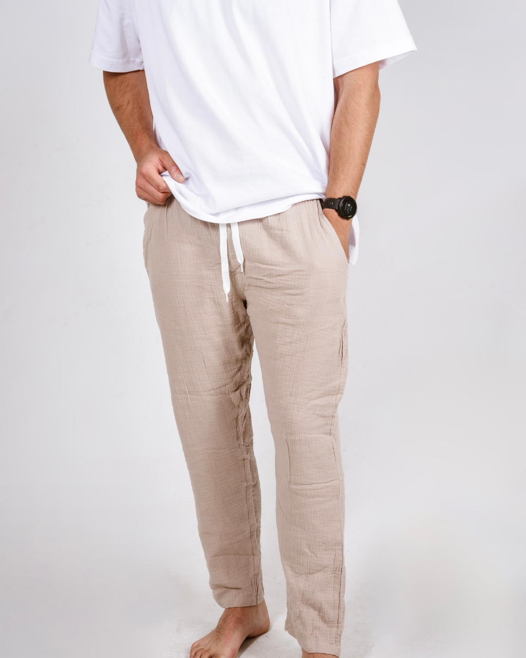 Male cream cotton pants with a white shirt