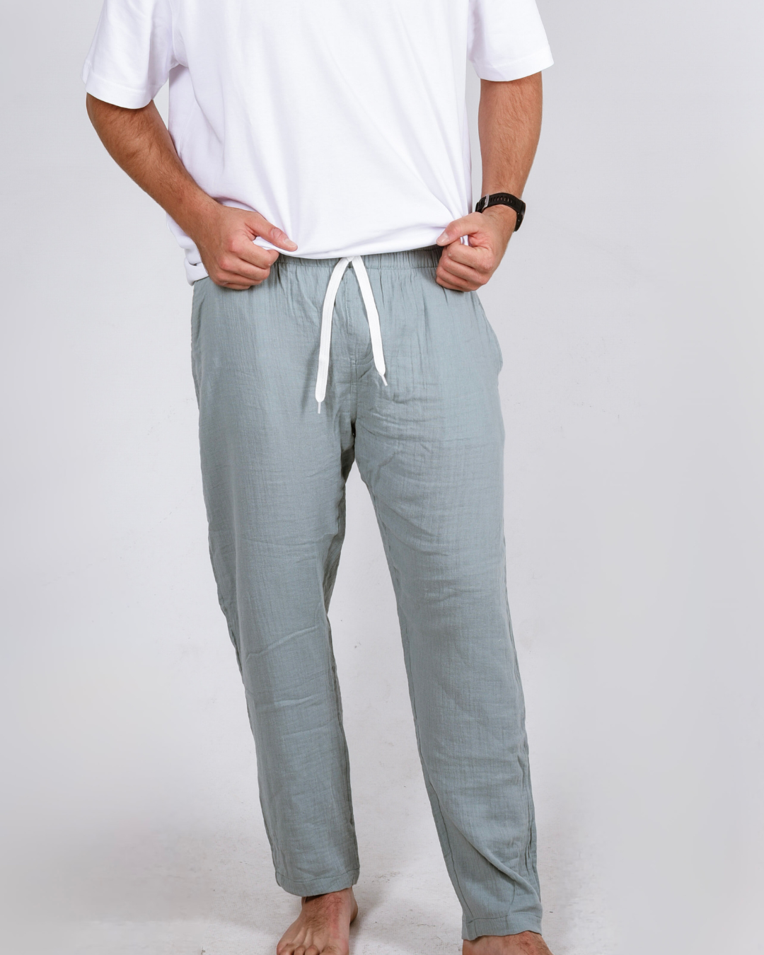 Male cream cotton pants with a white shirt