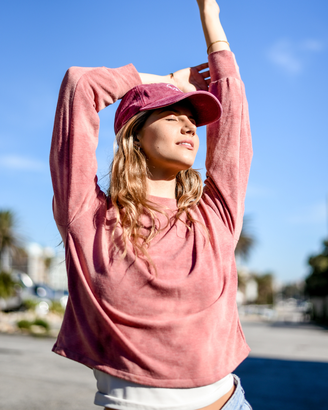 Red and pink tie dye crew neck long sleeve top