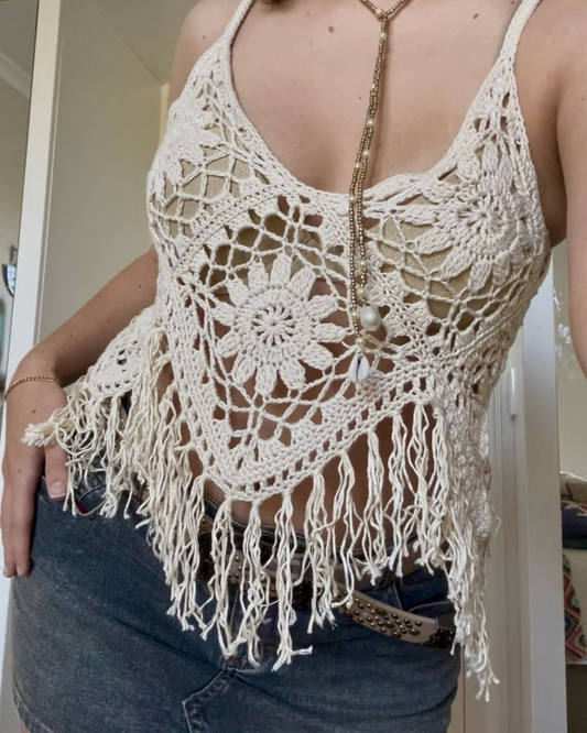 Female wearing a Crochet bamboo cotton top cream