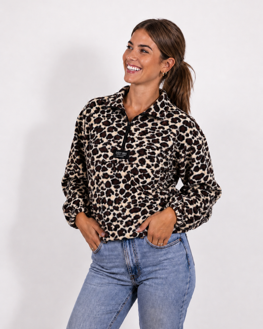 Female wearing a Leopard print quarter zip jersey