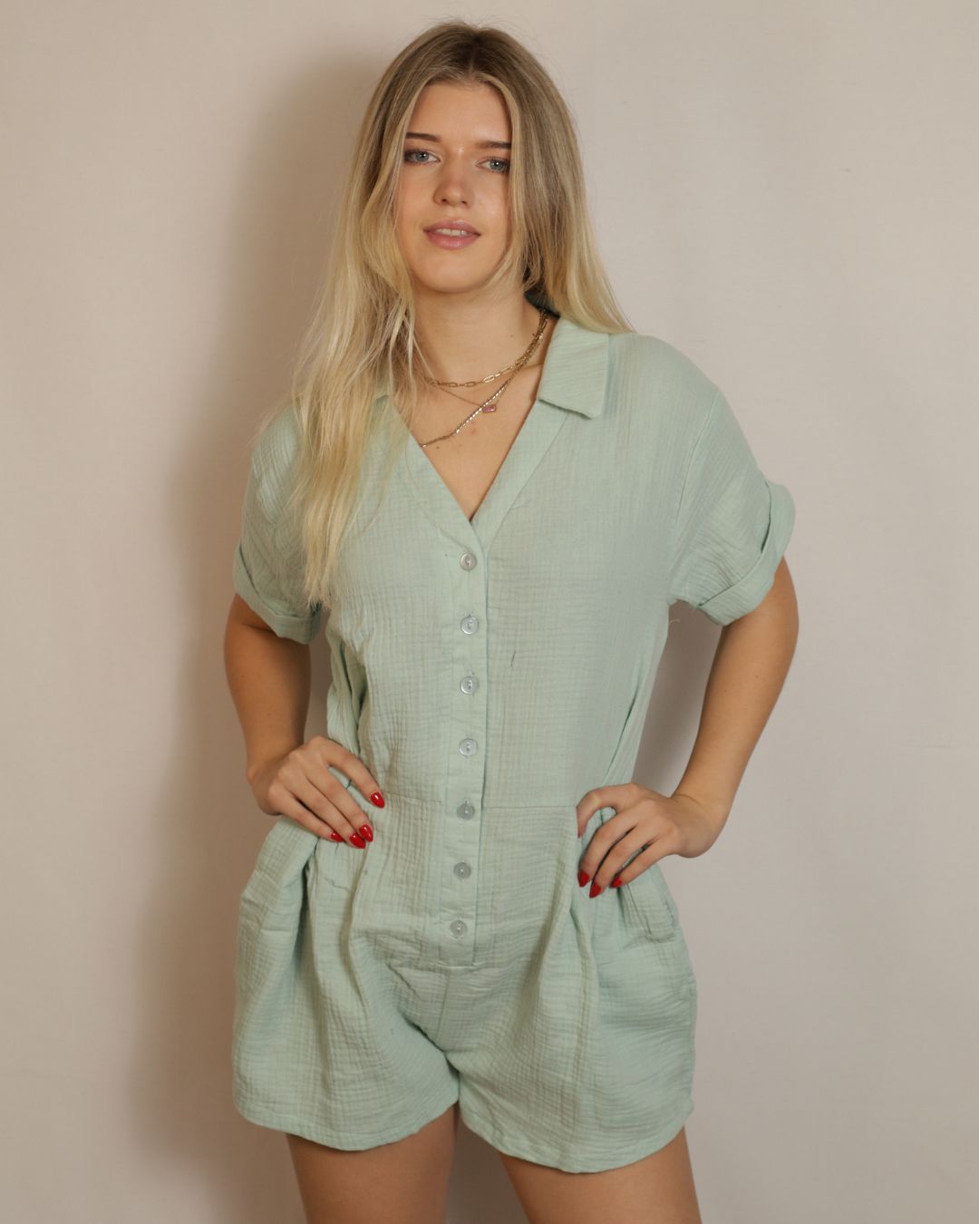 Sage green romper with pockets 