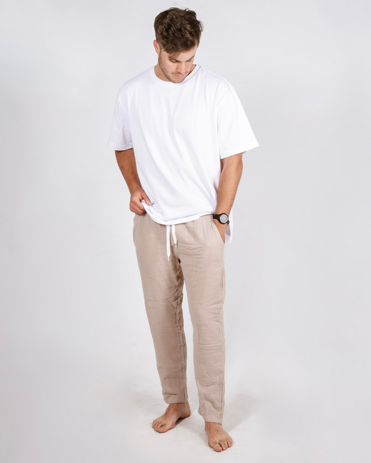 Male cream cotton pants with a white shirt