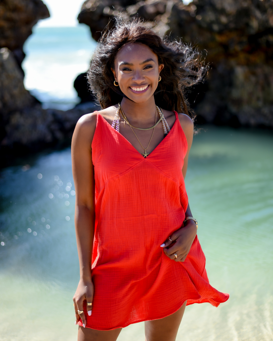 Red mini strappy dress - cotton dress on the beach